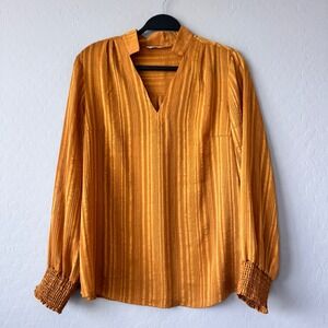 Soft Surroundings Blouse Mandarin Collar‎ Striped Long Sleeve Top Size M